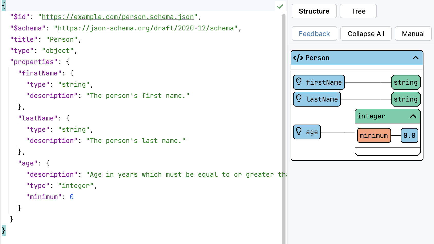 JSON Schema Buddy displaying a JSON Schema in a graphical editor